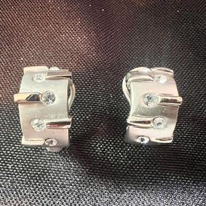 Vintage Brutalist Silver Hoop Earrings Rhinestone Accents Sculptural Modernist